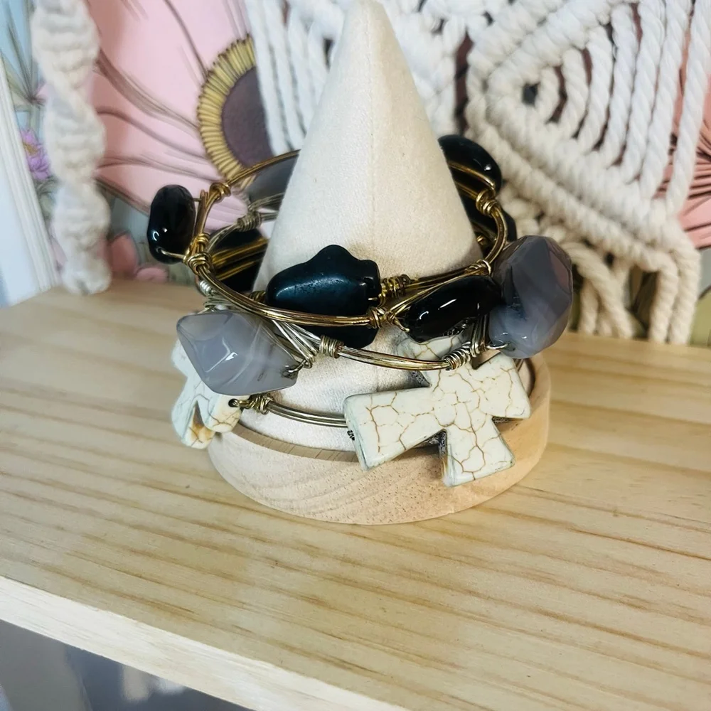 Stone Wire Wrapped Bangle Bracelet‎ Set Boho Bohemian Stacking